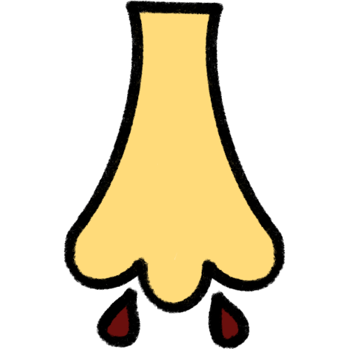  a cartoon yellow nose, with a drop of blood coming out of each nostril.